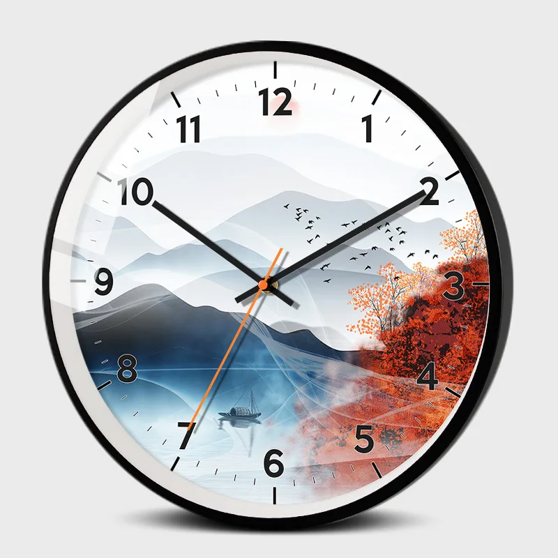 12 дюймов Горный пейзаж Настенные часы Современные круглые круглые металлические настенные часы Немые кварцевые часы Домашнее украшение для гостиной
