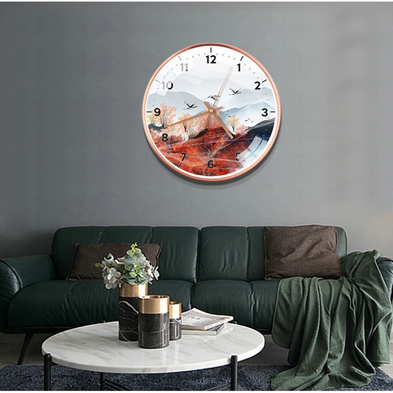 12 дюймов Горный пейзаж Настенные часы Современные круглые круглые металлические настенные часы Немые кварцевые часы Домашнее украшение для гостиной Изображение 2 