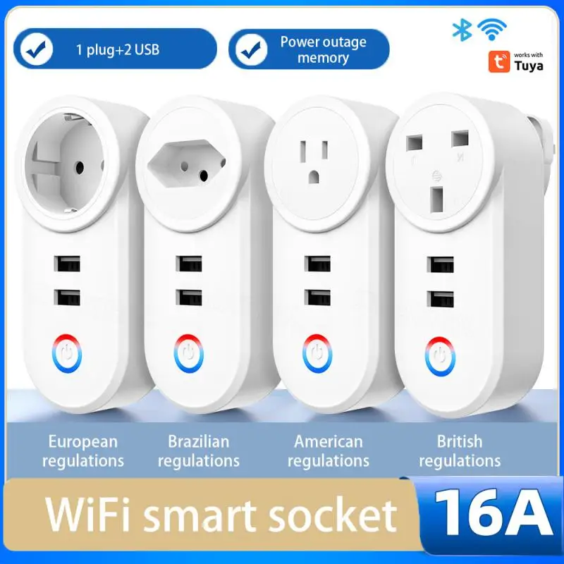 16A Tuya Wifi Smart Socket с 2 USB-розетками для зарядки EU US UK Brazil Plug Smart Life Control через Alexa Google Home