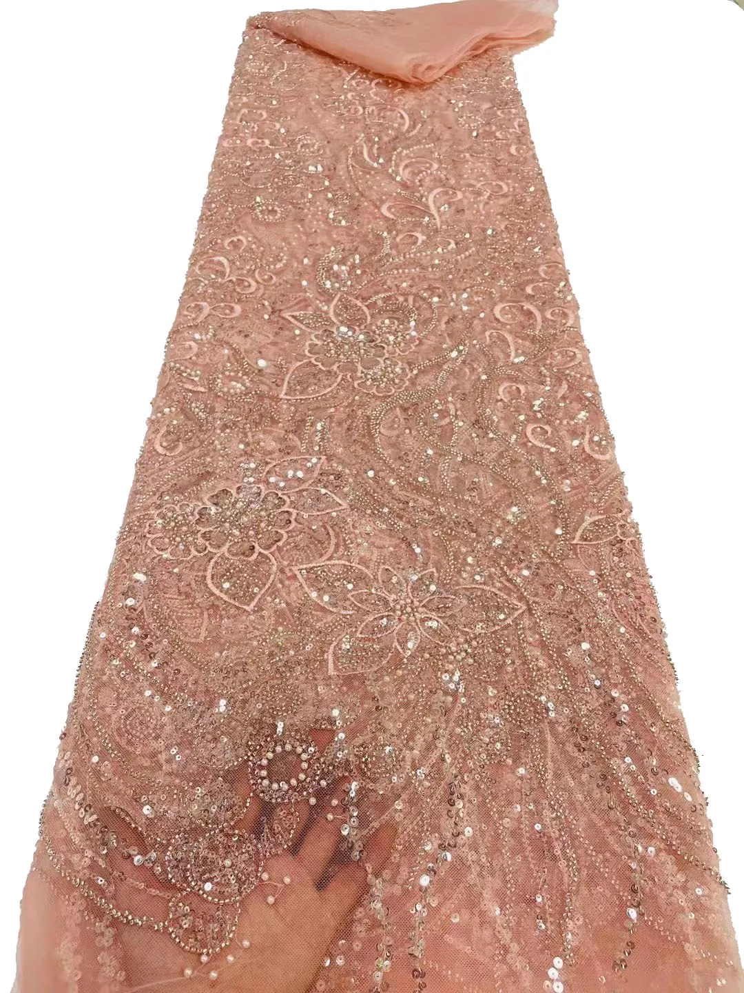 2023 Европейская роскошная трубка из бисера пайетки изысканная ткань свадебного платья с цветами, высококачественная ткань африканских кружевных бусин / 5 ярдов