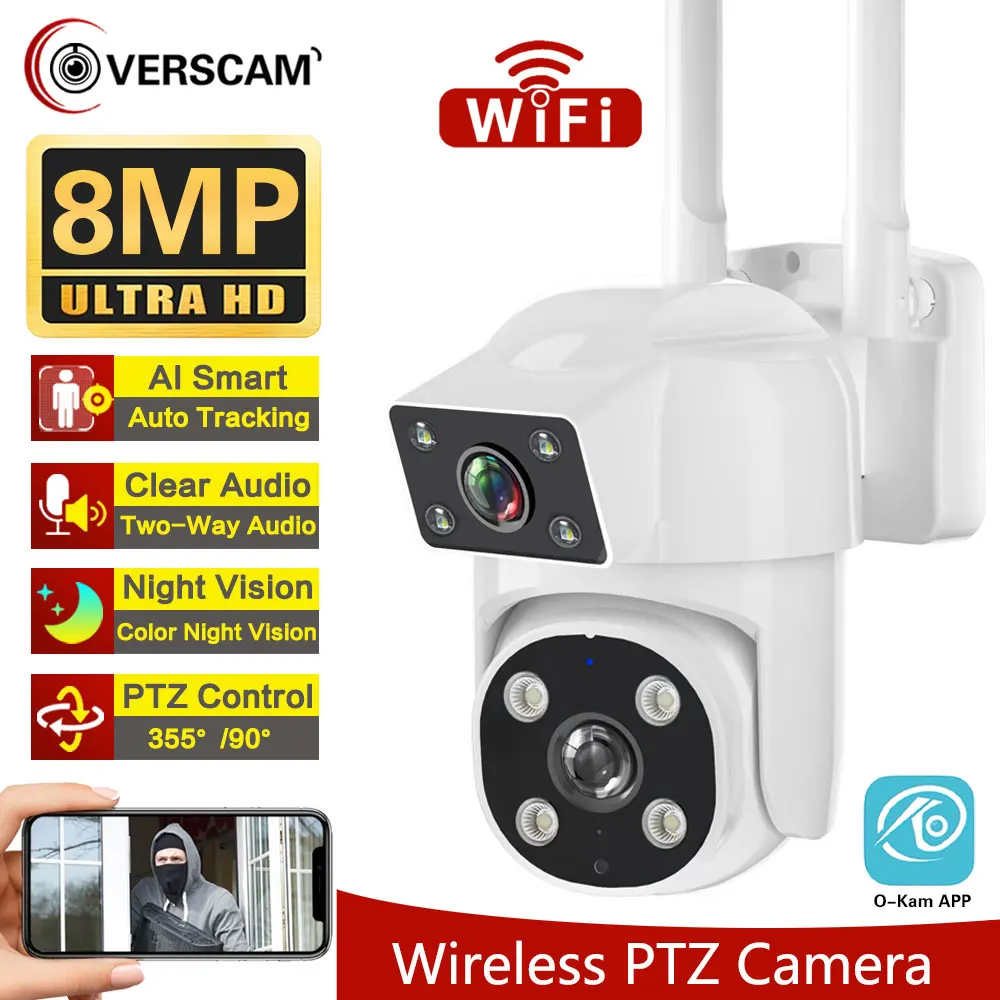8MP PTZ WiFi IP-камера 4K Двойной объектив 8-кратный зум Обнаружение человека Автоматическое отслеживание На открытом воздухе Водонепроницаемые камеры видеонаблюдения ночного видения
