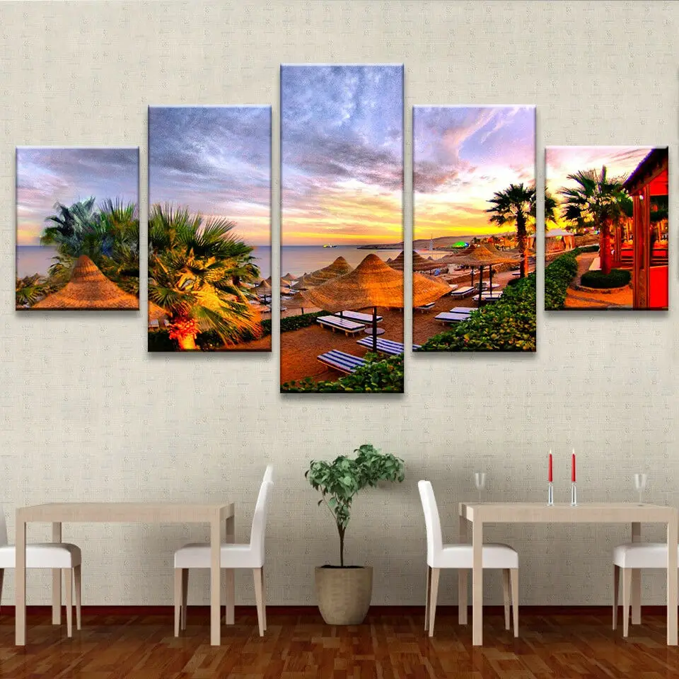 Beach Resort Cottage Sunrise Palm Trees 5 Panel Canvas Print Wall Art Home Decor HD Print Pictures Poster Без рамки 5 шт.