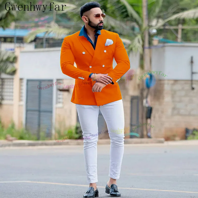Gwenhwyfar 2023 Новый мужской костюм Оранжевый двубортный из двух частей Slim Fit Высокое качество Свадебная вечеринка Певец Костюм G3016