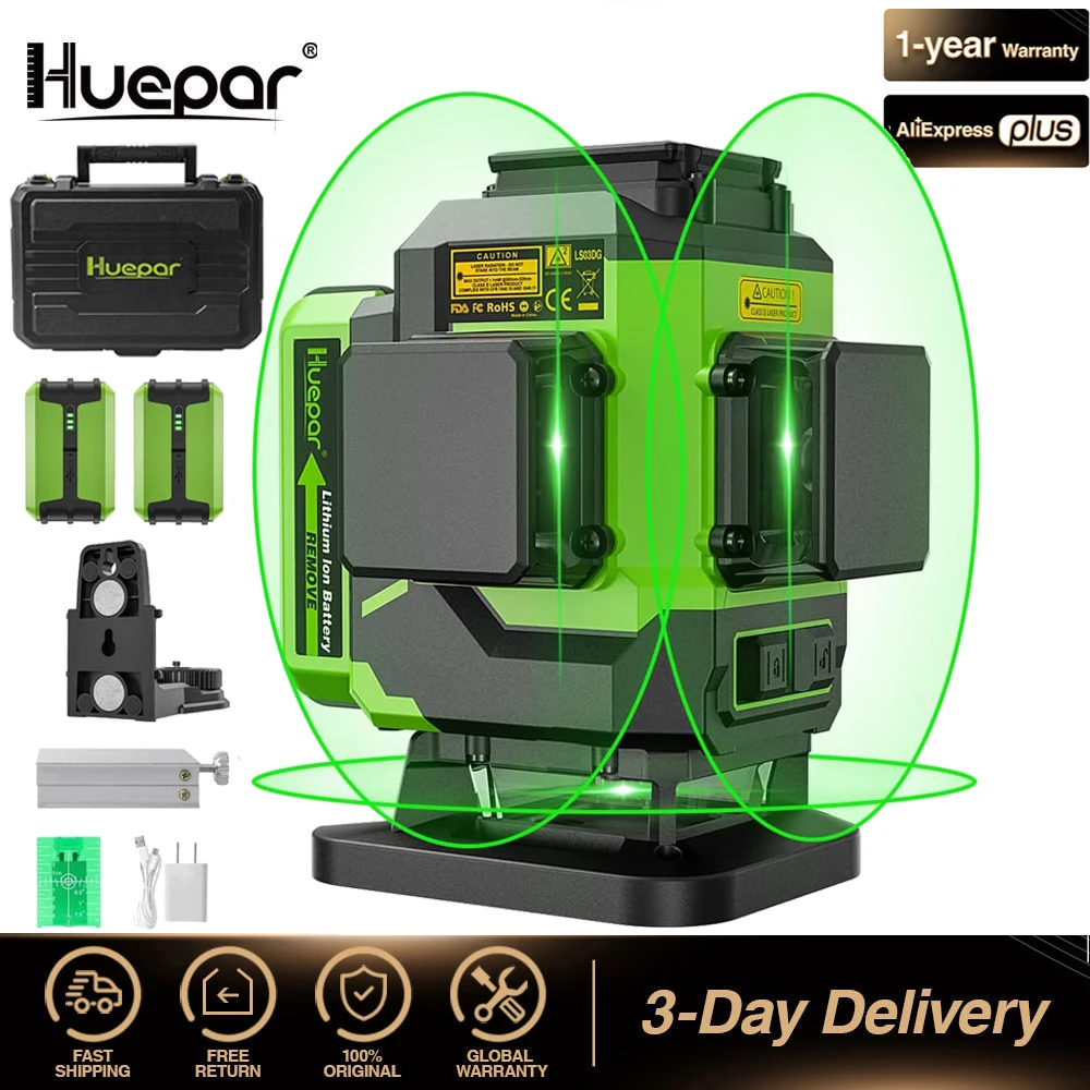 Huepar 3D лазерный нивелир зеленый луч перекрестная линия плитка пол лазерный инструмент с 2 литий-ионными батареями 12 линий самовыравнивающийся уровень жесткий чехол