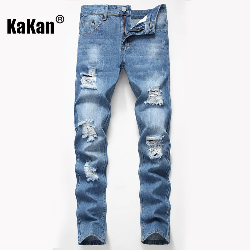 Kakan - Рваные мужские рваные джинсы в новом европейском и американском стиле, синие потертые стиранные повседневные джинсы K36-339 Изображение 0 