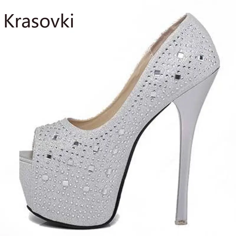 Krasovki 16 см PU ночной клуб синтетическая платформа клин готика панк гладиатор sandle peep toe горный хрусталь мода летняя женская обувь