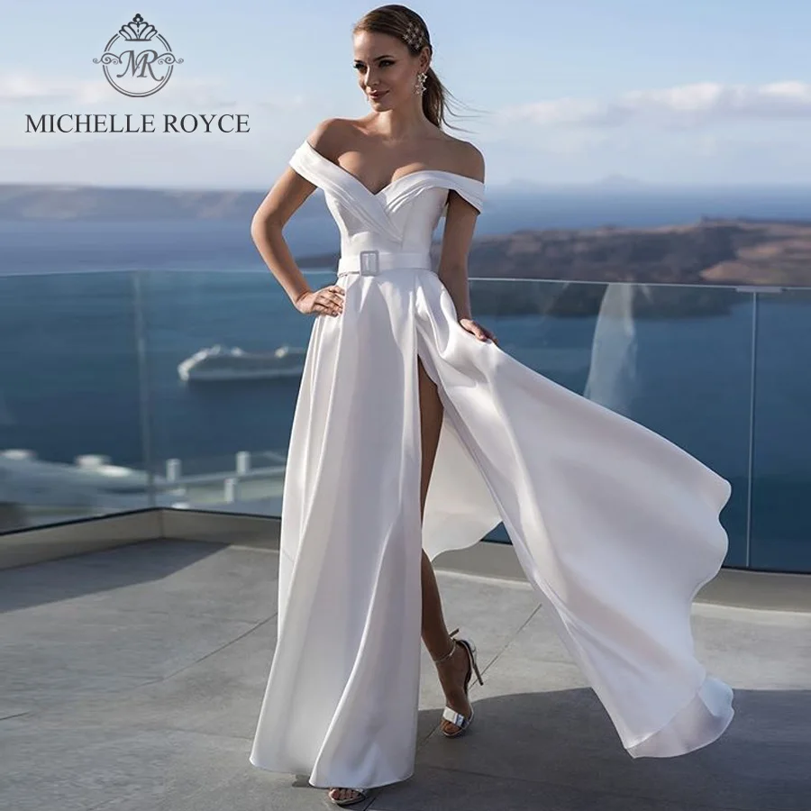 Michelle Royce A-Ling Свадебные платья 2020 Сексуальный V-образный вырез с открытыми плечами Пояса Придворные свадебные платья Vestido De Noiva