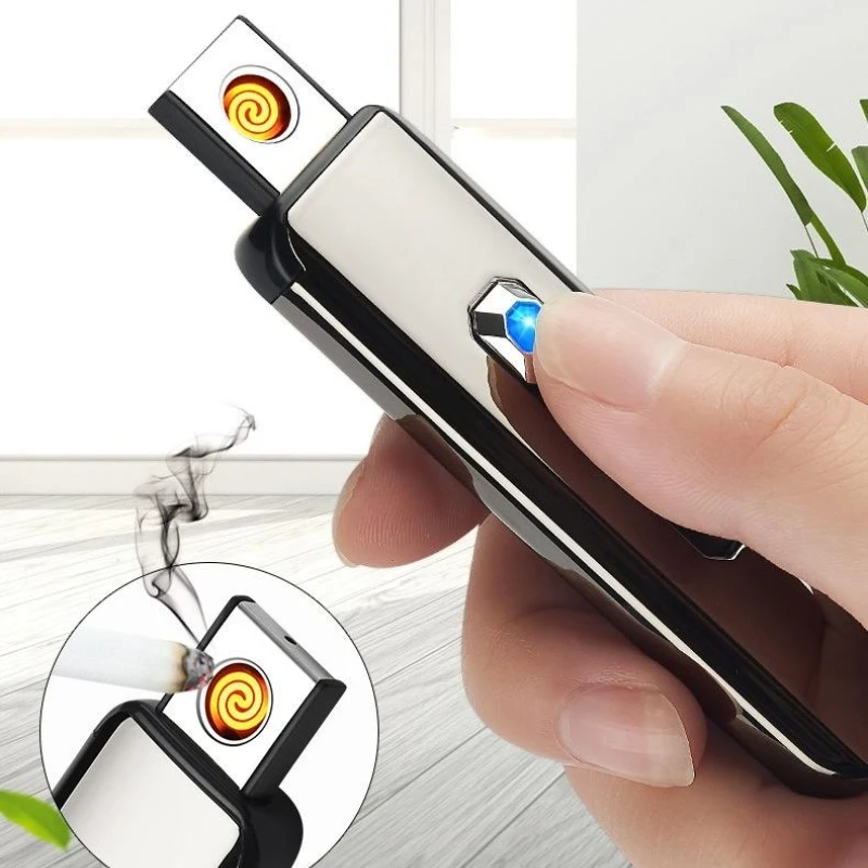 USB Перезаряжаемая кнопка Модель Двухсторонняя электронная зажигалка Металлическая ветрозащитная Открытая кухня Компактный портативный мужской Gife