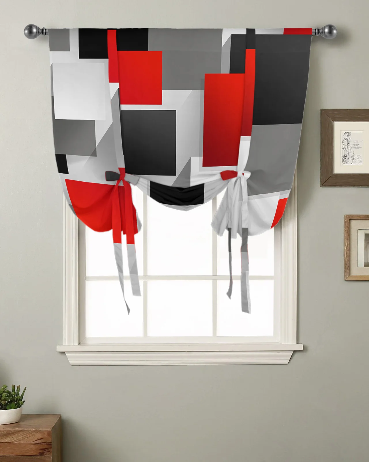 Геометрический Красный Черный Серый Сплошной абстрактный Кухня Короткая оконная занавеска Современный домашний декор Маленькое окно Римские шторы для галстуков