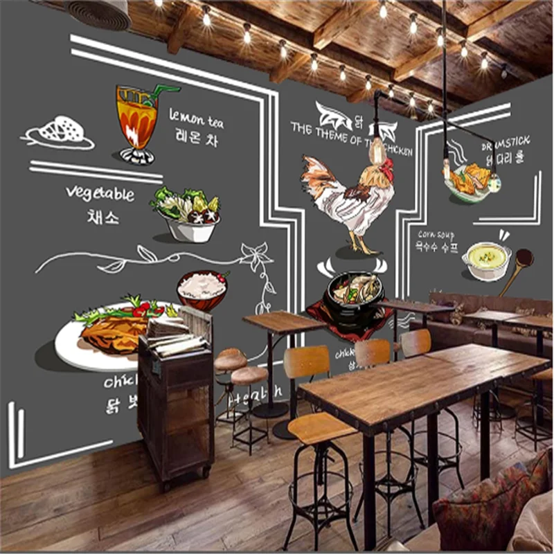 Изготовленная на заказ меловая доска Корейский куриный суп для гурманов Фон магазина закусок Индустриальный декор Фотообои 3D Изображение 4 