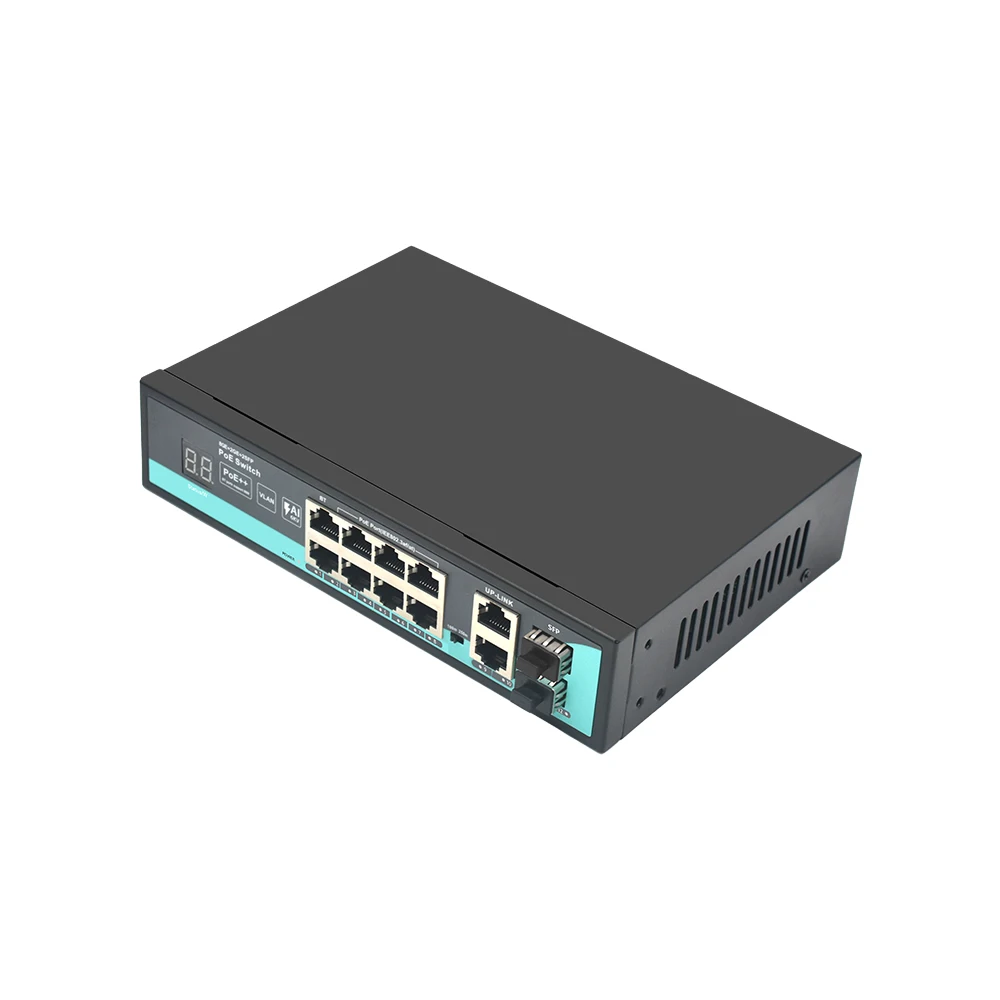 Коммутатор PoE Гигабитный 8-портовый + 2 восходящих канала + 2 коммутатора SFP AI POE с цифровым ламповым дисплеем для IP-камеры Изображение 3 