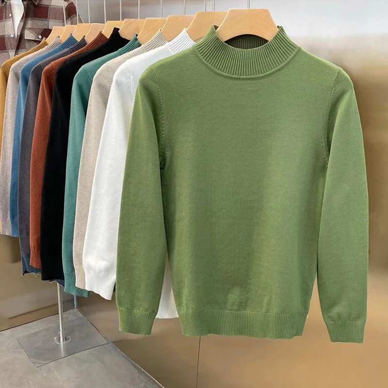 корейские модные свитера мужчины сплошной цвет половина водолазки повседневная уличная одежда мужская одежда вязаный джемпер пуловеры