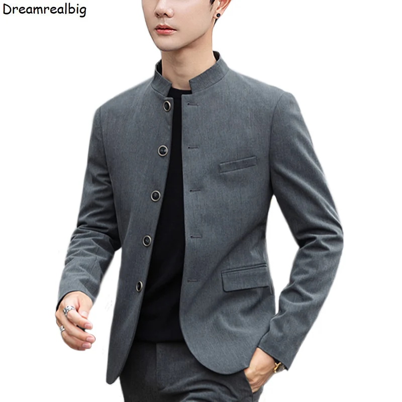 корейский стиль сплошной цвет мужской серый пиджак 2022 весна осень однобортный воротник с воротником мужской повседневный блейзер высокого качества