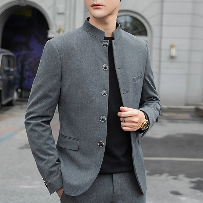 корейский стиль сплошной цвет мужской серый пиджак 2022 весна осень однобортный воротник с воротником мужской повседневный блейзер высокого качества Изображение 1 