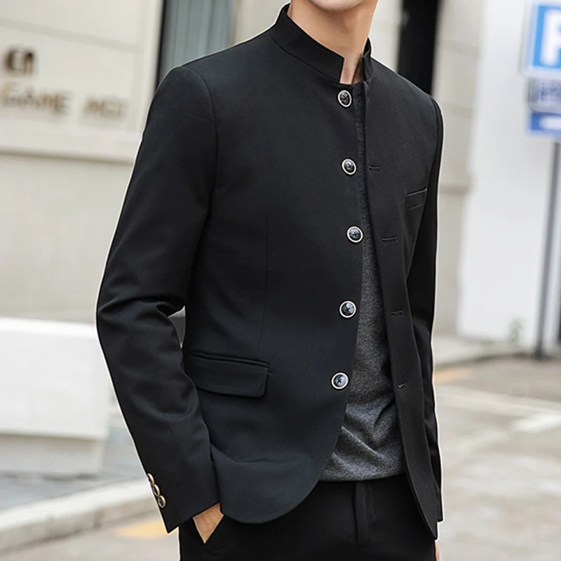 корейский стиль сплошной цвет мужской серый пиджак 2022 весна осень однобортный воротник с воротником мужской повседневный блейзер высокого качества Изображение 4 