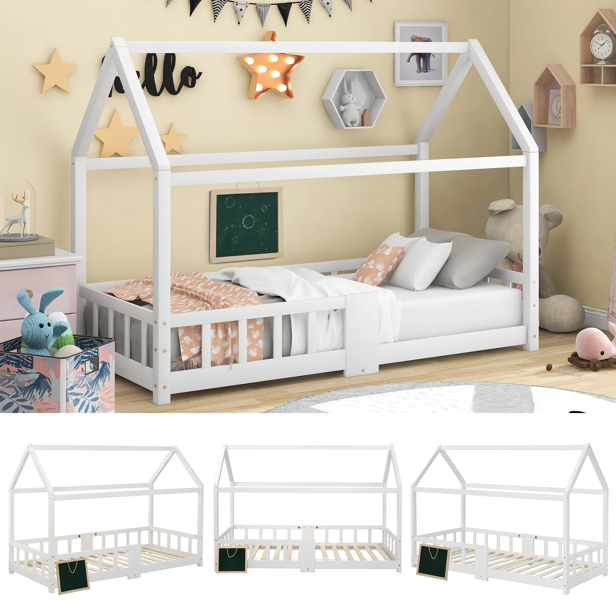 Кровать 90x200см, деревянная кровать для детской комнаты доска с реечными рамами защита от падения,изготовлена из сосны,белая (без матраса) Изображение 0 