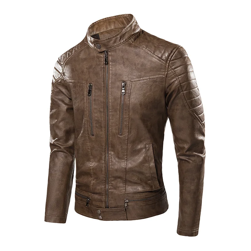 Мужская кожаная куртка из искусственной кожи мотоцикла Искусственное пальто Толстая теплая одежда на нескольких молниях для мужчин