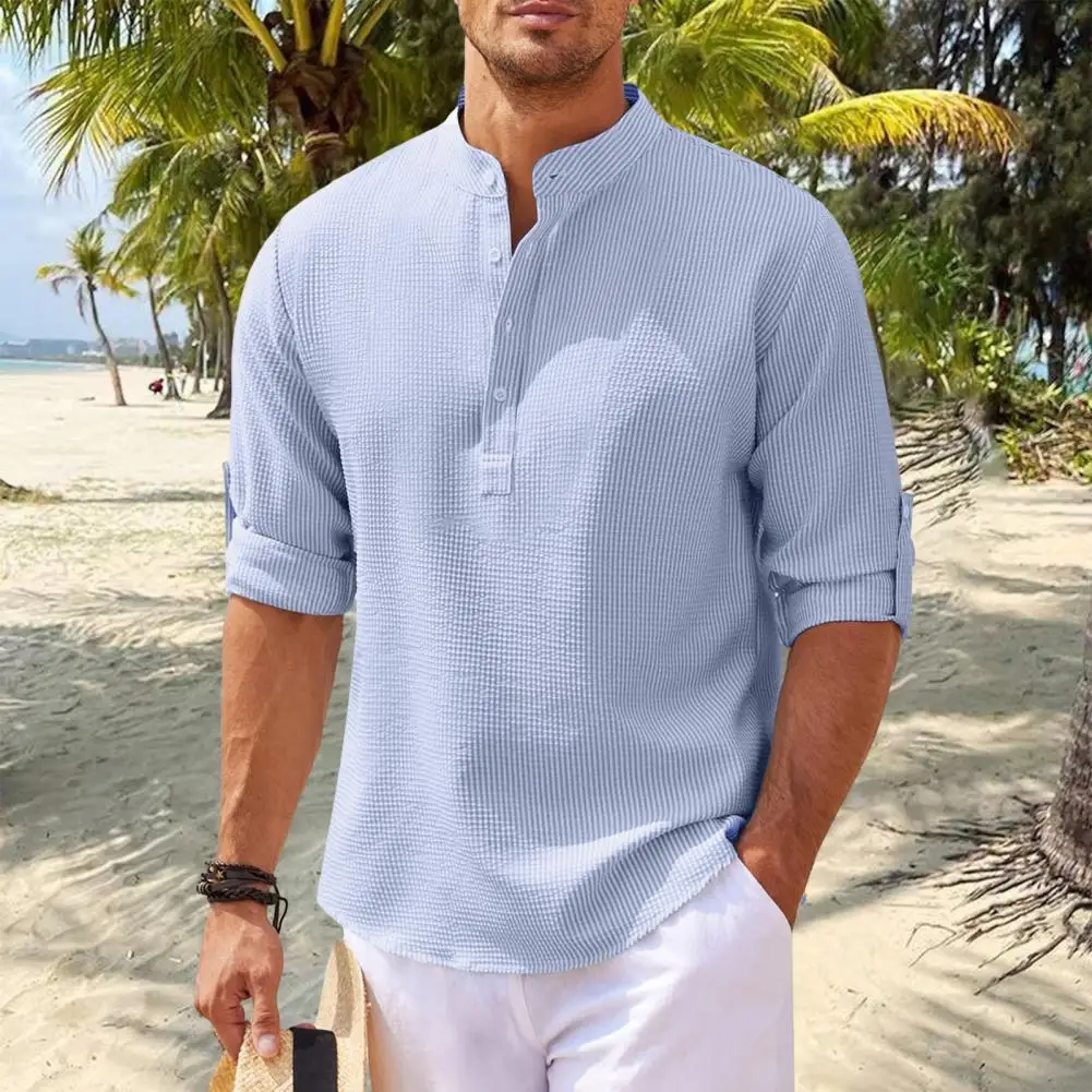 Мужская рубашка с длинным рукавом Модная рубашка приталенного кроя Клетчатый принт Мужская стойка Воротник Пуловер Повседневная рубашка в пляжном стиле с длинным