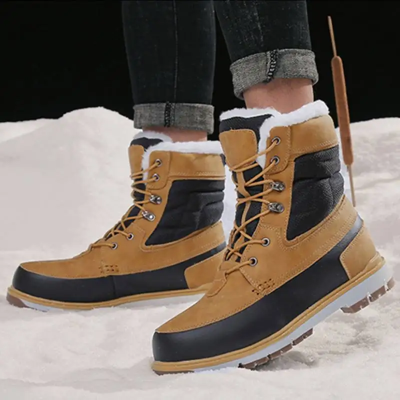 Мужские ботинки 2023 Зимняя обувь для мужчин Теплые зимние сапоги Мужчины до середины икры Толстые плюшевые кожаные мужские модные сапоги Уличная хлопковая обувь