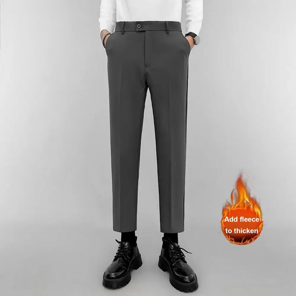 Мужские формальные брюки Толстые плюшевые мужские костюмные брюки с мягкими карманами Застежка до середины талии Формальные брюки делового стиля для офисной одежды