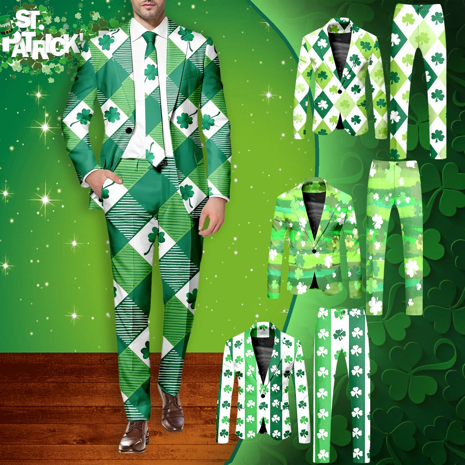 Мужское зеленое пальто и брюки Костюм из двух частей Клевер Принт День Святого Патрика Костюм для праздничной вечеринки Ирландский национальный день terno masculino
