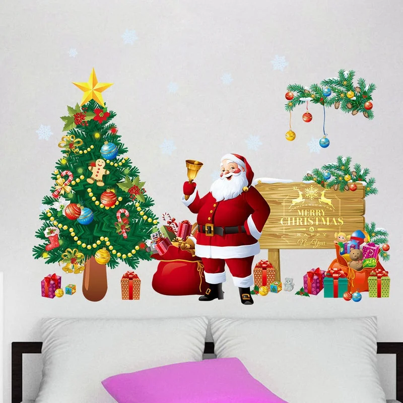 Наклейки на стену рождественской елки Санта-Клауса с украшениями для спальни Наклейки Можно удалить оконные плакаты Аксессуары для домашнего декора