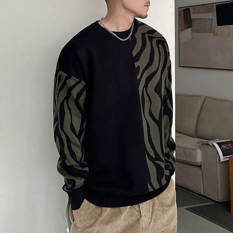 Новая осенне-зимняя корейская версия Модный бренд Пэчворк Контрастный круглый вырез Свободный и универсальный красивый повседневный мужской свитер