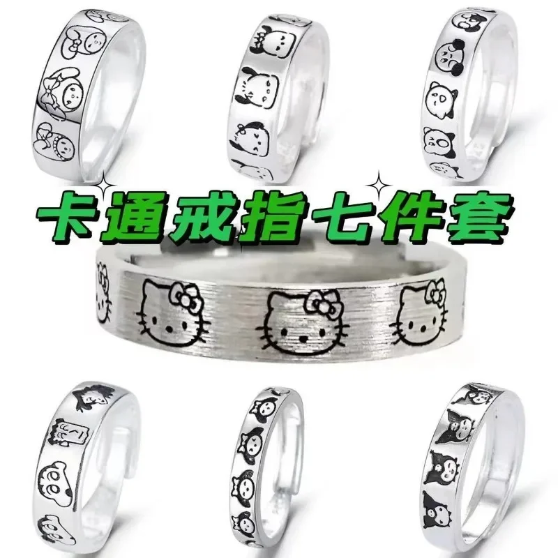 Новинка Sanrio Hello Kitty Кольца Аксессуары Hello Kitty Kawaii Hollow Out Ring Аксессуары Хрустальное кольцо на палец Adjust Серебристые подарки Изображение 0 