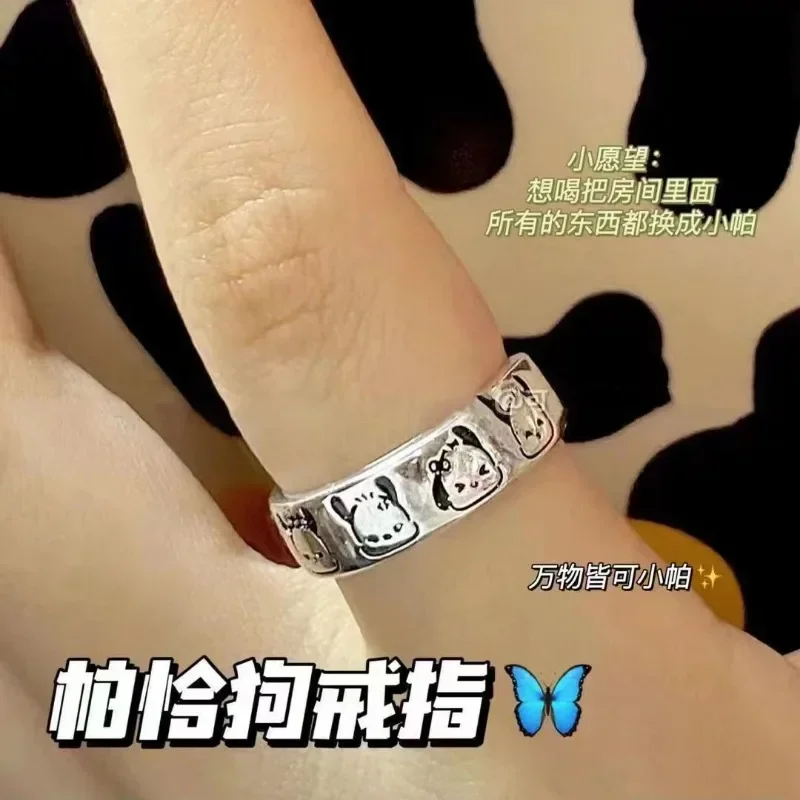 Новинка Sanrio Hello Kitty Кольца Аксессуары Hello Kitty Kawaii Hollow Out Ring Аксессуары Хрустальное кольцо на палец Adjust Серебристые подарки Изображение 2 