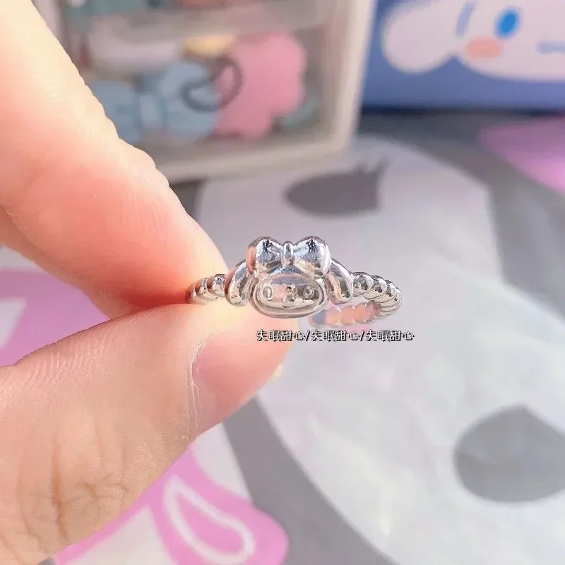 Новинка Sanrio Hello Kitty Кольца Аксессуары Hello Kitty Kawaii Hollow Out Ring Аксессуары Хрустальное кольцо на палец Adjust Серебристые подарки Изображение 3 