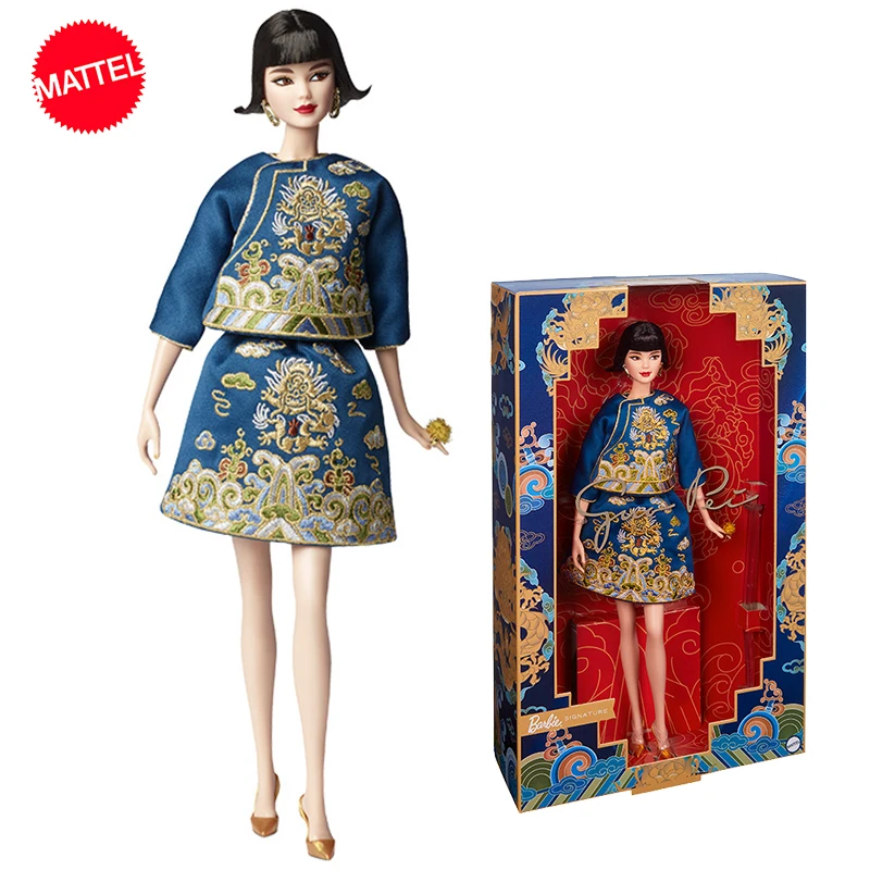 Оригинальная фирменная кукла Mattel Barbie от Guo Pei Китайский стиль Lucky Dragon Blue Cheongsam Игрушки для девочек Коллекция для взрослых Подарок