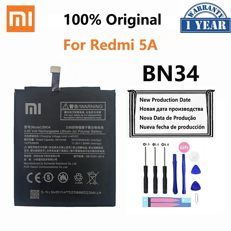 Оригинальный телефонный аккумулятор BN34 для сменного аккумулятора Xiaomi Redmi 5A 5,0 дюйма 3000 мАч реальной емкости
