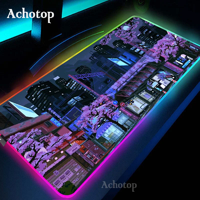 пиксельная графика Игровой коврик для мыши RGB Неоновый городской коврик для компьютерной мыши Большой игровой светодиодный коврик для мыши XXL Коврики для мыши PC Gamer 900x400 мм Настольный коврик