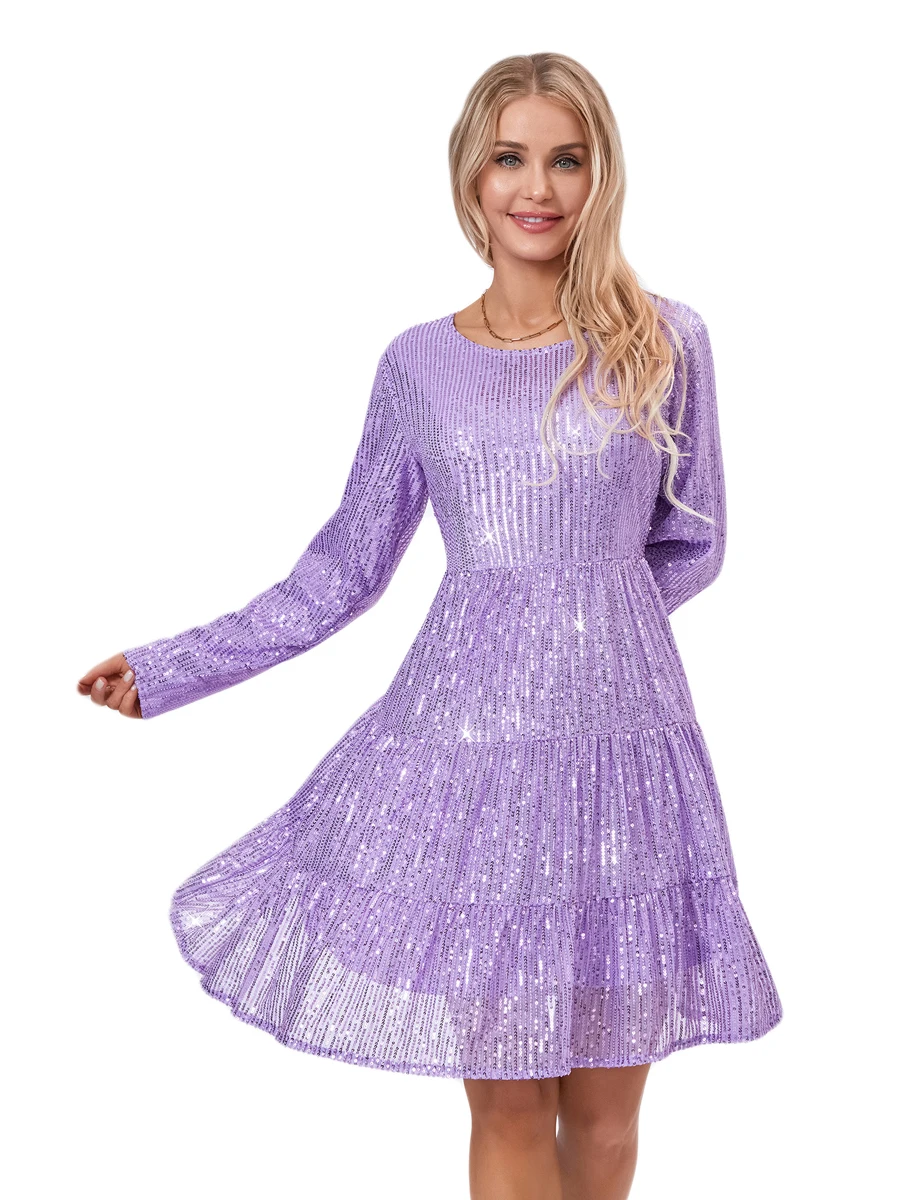 Платье-рубашка с пайетками для женщин Блестящий блестящий футболка с коротким рукавом Мини-платье Многоярусное платье с пайетками Babydoll