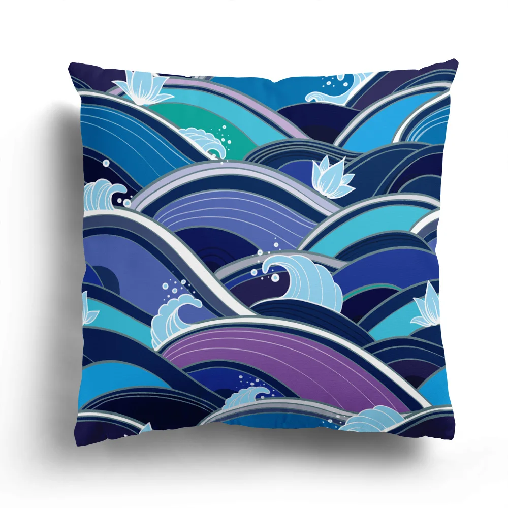Плюшевая наволочка с печатью на океанских волнах, украшение дома, чехол для дивана, наволочка с японским волнообразным рисунком, может быть настроена 60x60 Изображение 2 