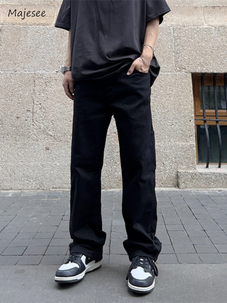Прямые джинсы Мужчины Заклепки Пэчворк Японский стиль Харадзюку Полная длина Высокая улица Мода Винтаж Стиранные джинсовые брюки Осень