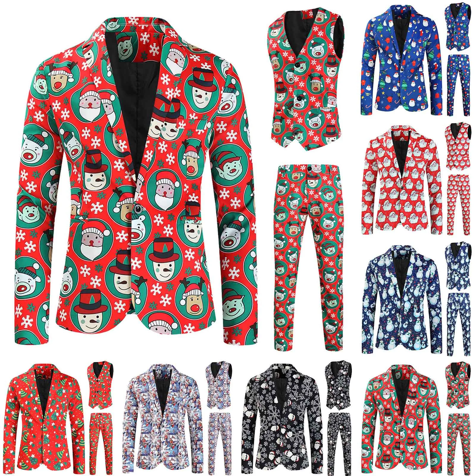 Рождественская цифровая печать Мужской рождественский костюм-тройка (куртка + брюки + жилет) Стильный мужской пиджак пальто с брюками Одежда