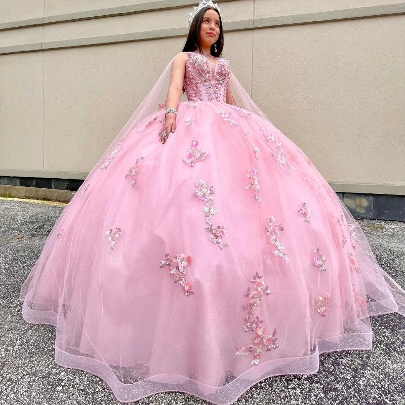 Розовые блестящие платья Quinceanera Сладкая принцесса Бальное платье Платья для вечеринки по случаю дня рождения Аппликация из бисера с накидкой Vestidos de 15 quinceañera