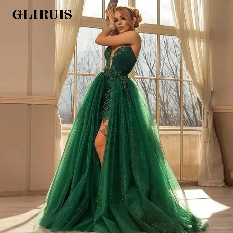 Сексуальное блестящее зеленое кружевное вечернее платье 2023 Съемные аппликации из шлейфа без бретелек Тюль Выпускные платья vestidos de fiesta