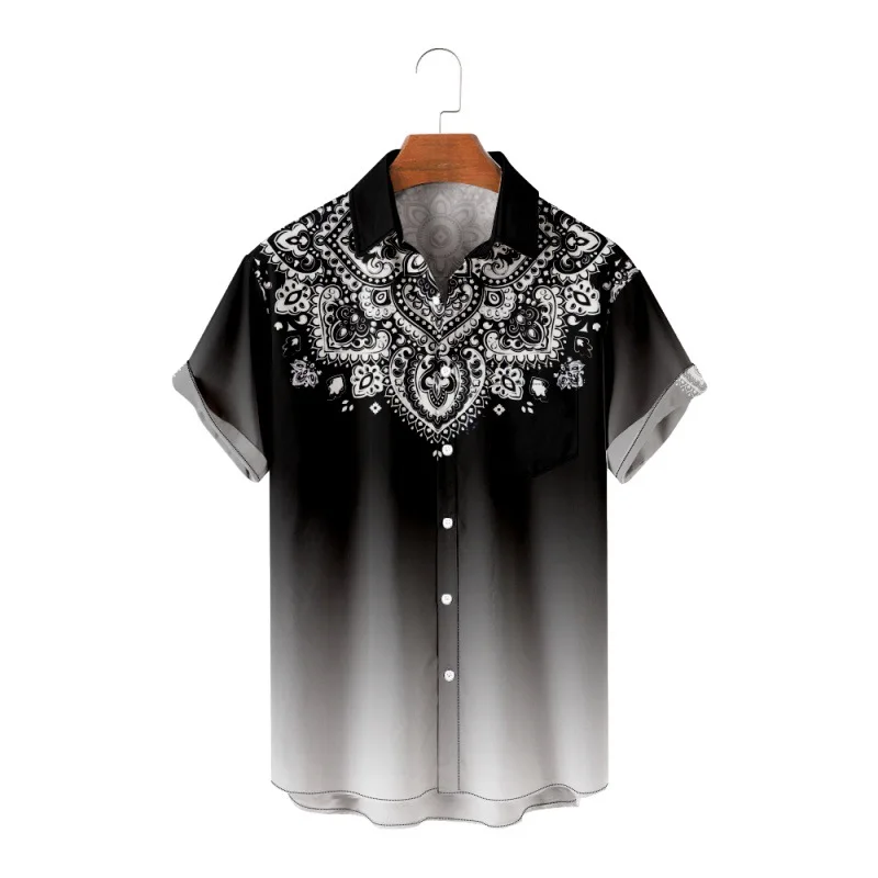 серый китайский стиль с принтом кешью рубашка с коротким рукавом Harajuku Streetwear Мужская гавайская летняя хип-хоп пляжная рубашка на пуговицах