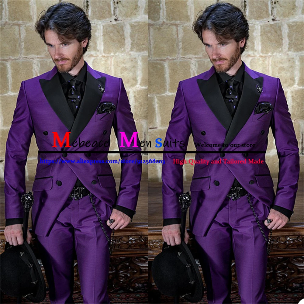 Фиолетовый Мужские Костюмы Черный Пик Лацкан Жених Костюмы Вечеринка Смокинг 2 шт. Двубортный блейзер Комплекты Облегающий свадебный костюм для мужчин